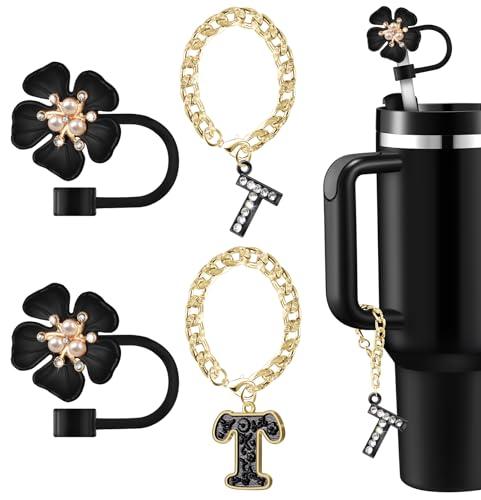 Straw Covers for Stanley Cup Accessories: Black Decorations for Stanley 30 oz & 40 oz Tumbler with Handle, Bling Letter Charms and Flower Silicone Straw Cap Topper, Trendy Stuff for Teen Girls & Women,Set of 2 Straw Covers for Stanley Cup Accessories: Black Decorations for Stanley 30 oz & 40 oz Tumbler with Handle, Bling Letter Charms and Flower Silicone Straw Cap Topper, Trendy Stuff for Teen Girls & Women,Set of 2