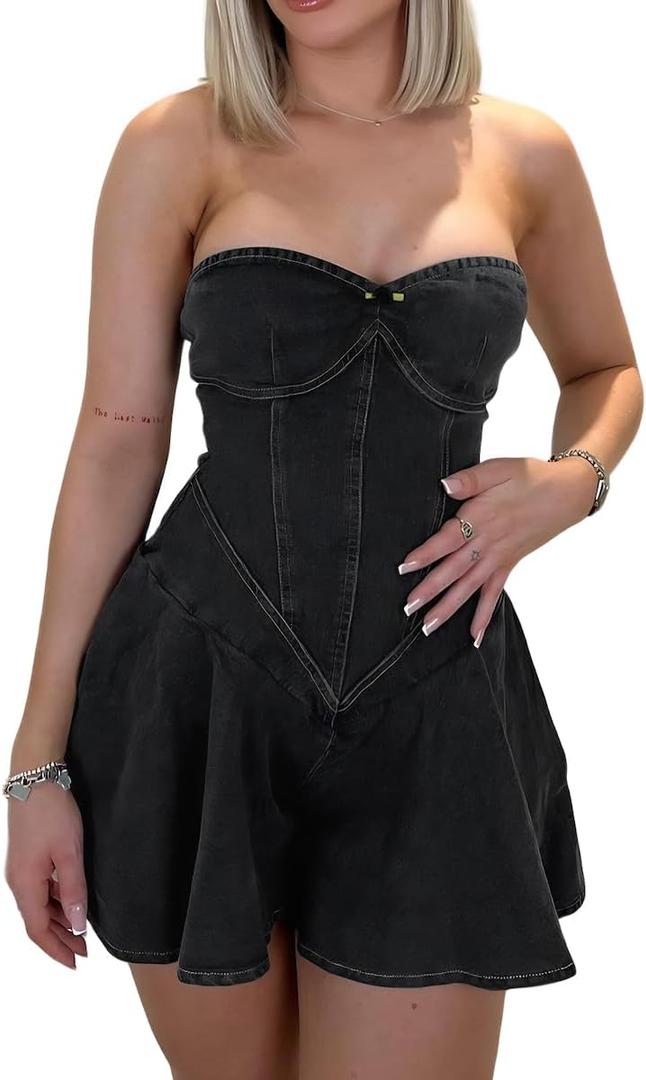 Women's Summer Strapless Denim Mini Dress with A-Line Design and Plated Bustier Corset (Black, XS)