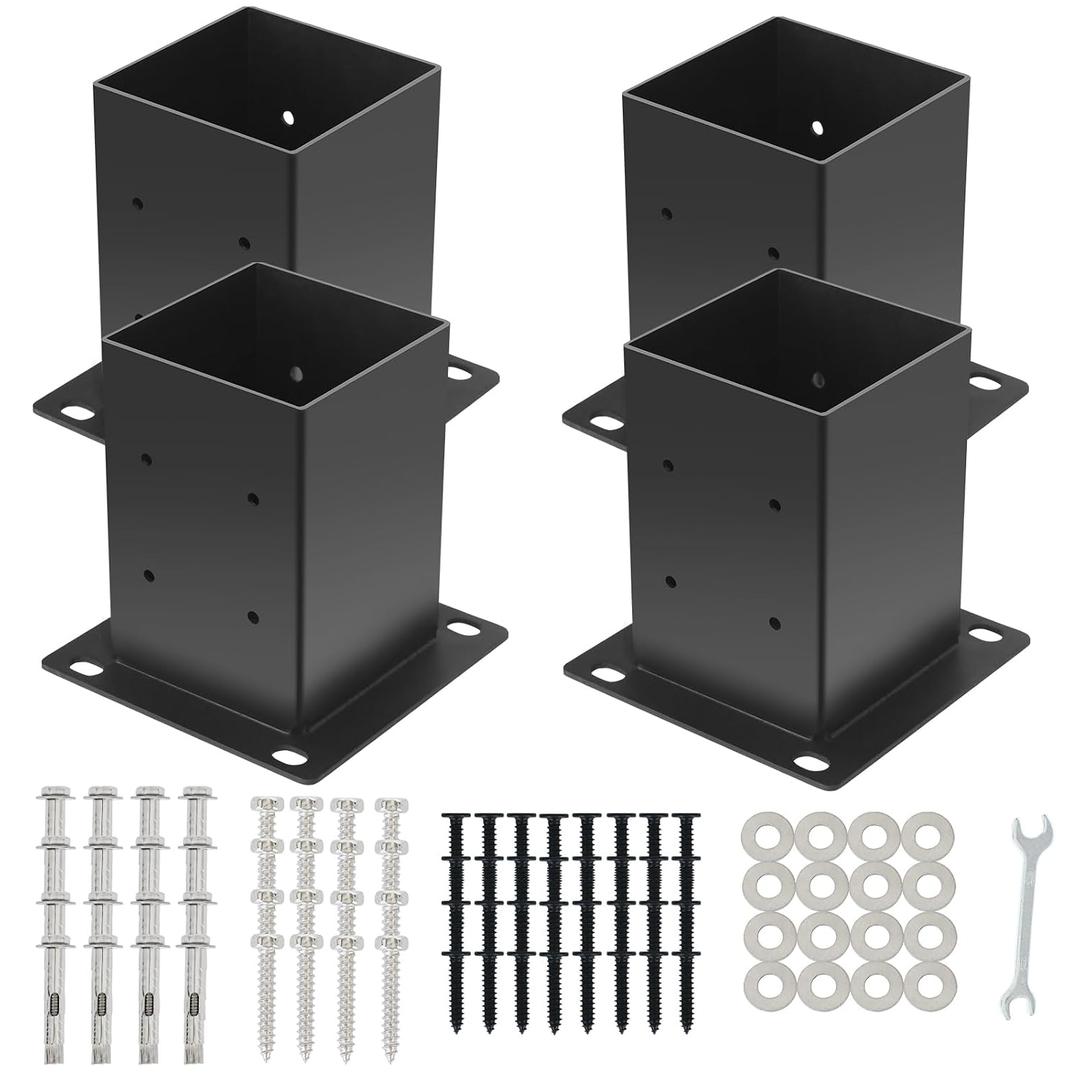 4x4 Post Base 4Pcs(Inner Size 3.55"x 3.55")Concrete Post Brackets Anchors 13 Gauge Thick Solid Steel Heavy Duty Stainless Steel Screws Black Powder Coated for Pergola,Decking,Railing,Mailbox
