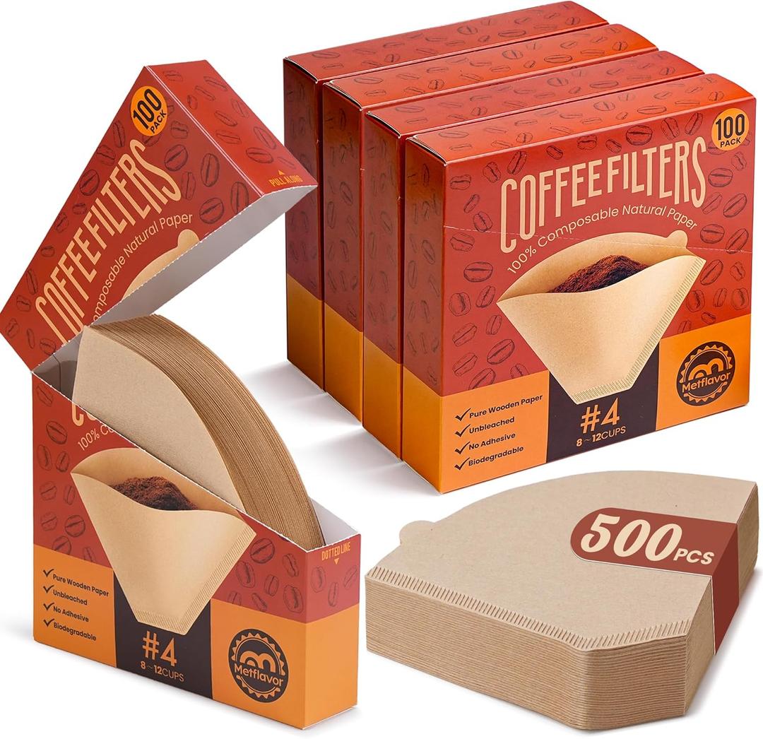 Metflavor 500 Count Cone Coffee Filters #4, Disposable Unbleached Coffee Filters 8-12 Cup, 5 Individual Packs for Easy Storage, Compatible with Ninja Pour Over Coffee Dripper, No Leak, Tear-Resistant