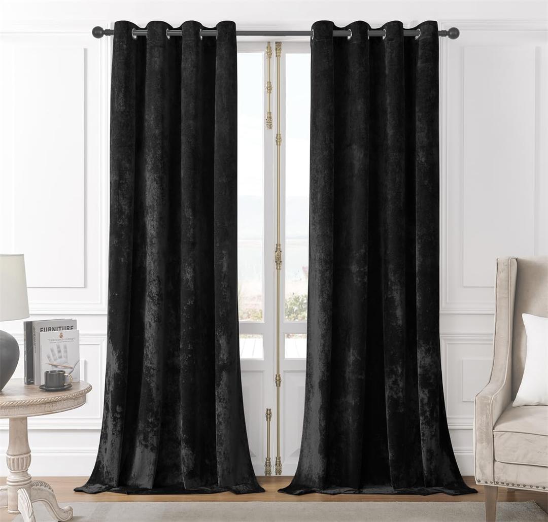 SMILETIME Black Crushed Velvet Curtains 52x90 inch Luxurious Thermal Insulated Soundproof Drapes for Living Room Bedroom Office Soft and Durable Light-Filtering Window Treatments, 2 Panels