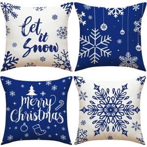 Merry Christmas Throw Pillow Covers Winter Holiday Snowflake Xmas Throw Pillow Covers 18 x 18 Inches Set of 4 Blue and White Cushion Case for Home Couch