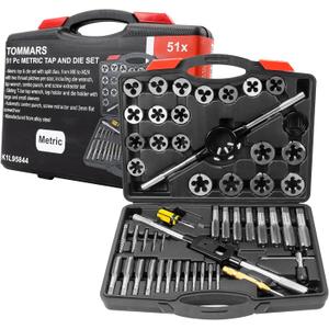 TOMMARS 51-Pc M6 to M24 Jumbo Tap and Die Set Metric Round Threading Dies for Threading and Rethreading Internal and External Threads