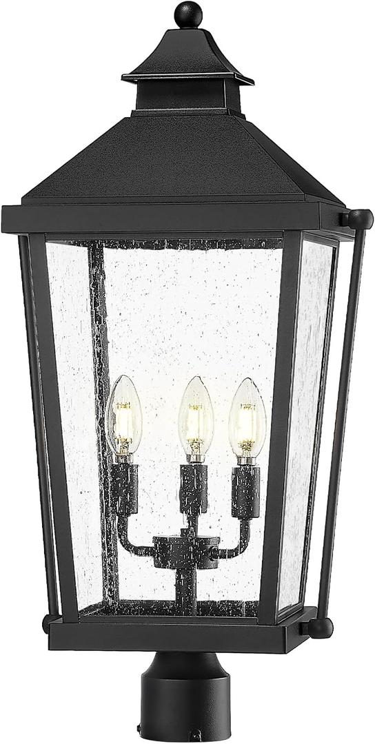 zeyu Large Outdoor Lamp Post, 26'' 3-Light Post Light Fixture for Garage Courtyard, Waterproof Aluminum with Seeded Glass Shade, Black Finish, ZW105P-L BK, 26 Inch - No Function