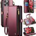 Defencase Compatible with iPhone 12/Pro Case Wallet with RFID Blocking Card Holder for Women Men, PU Leather Magnetic Snap Flip Zipper Strap Wallet Phone Case Fit for iPhone 12 & 12 Pro 6.1", Wine Red