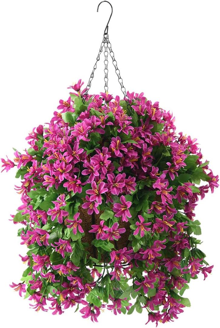 INQCMY Artificial Hanging Flowers in Basket for Spring Summer Outdoor Porch Decoration,UV Resistant Fake Silk Violet in Planter Realistic for Outside Home Patio Balcony Garden Yard Decor