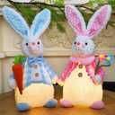 Juegoal 2 Pack Lighted Easter Bunny, 12.5" Handmade Huggable Rabbits Couple with Lights, Light Up Easter Basket Rabbits Easter Gift, Party Favor Figurine for Spring Tabletop Holiday Room, White