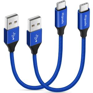 etguuds USB to USB C Cable 0.5ft, 2-Pack Short USB A to Type C Charger Cord Fast Charging for Samsung Galaxy A17 A16 A15 A26 A36 A56, S25 S24 S23 S22 S21 S20 S10 Note 20, for iPhone 17 16 15, Moto (Blue)