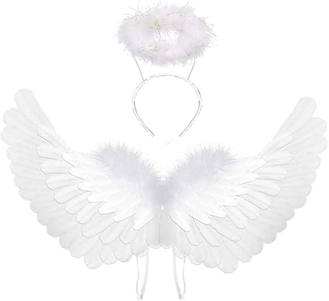 Angel Costume Wings and Halo Angel Costume Wings for Girls Kids Angel Feather Wings for Halloween Christmas Eve (White), 6 Packs