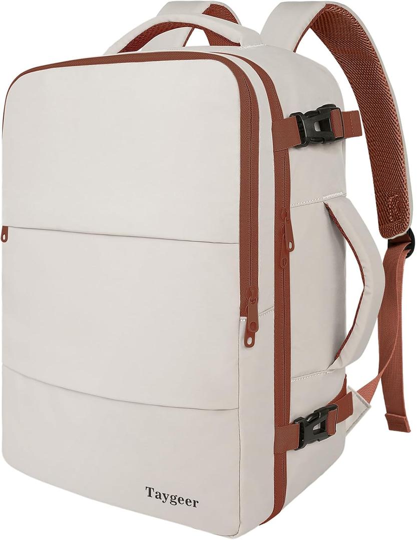 Taygeer Backpack for Women, College Backpack with Laptop Compartment & Shoe Pouch, 35l Travel Laptop Mochila Carry On Luggage, Airline Approved Personal Item Bag For Weekender Gym Hiking, Khaki White (Large)