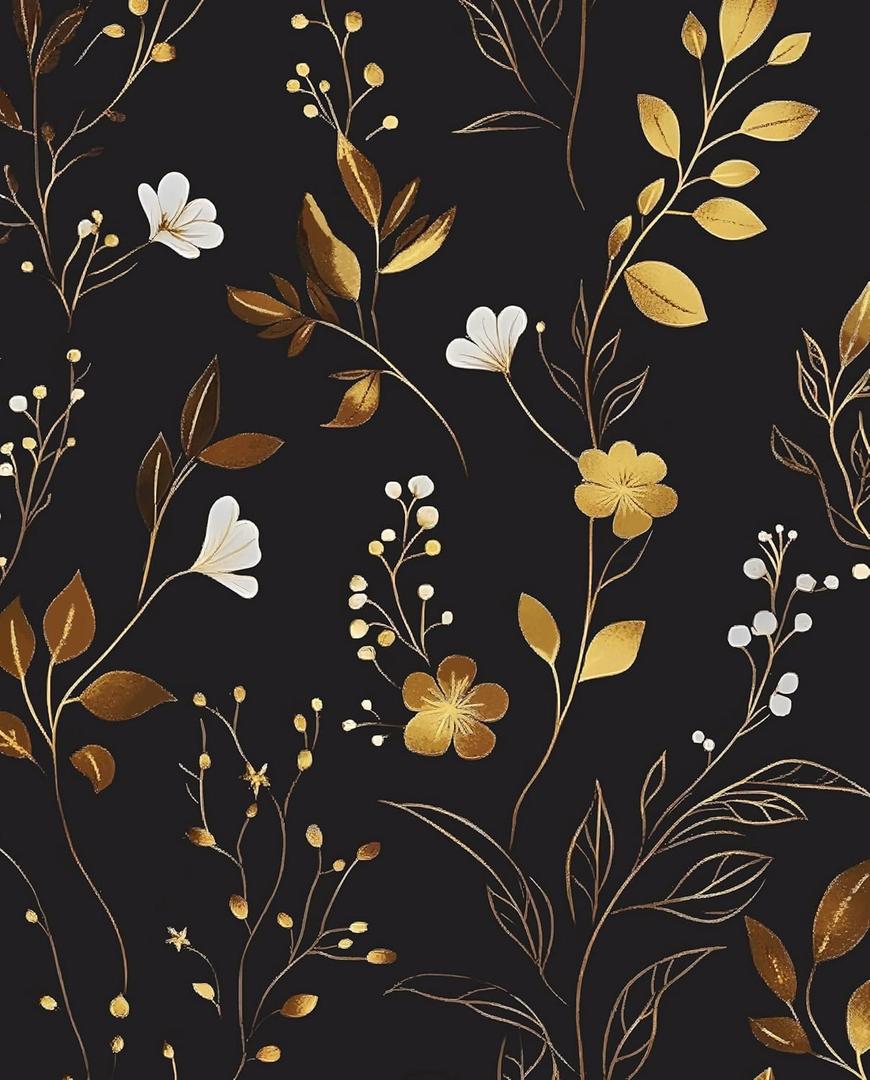 Black Floral Wallpaper Peel and Stick, Dark Gold Vintage Flower Contact Paper, Golden/White Botanical Wall Paper Self Adhesive Waterproof Removable for Room Cabinet Drawer Table Decor 17.5" x 118"