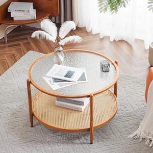 VINGLI 30" Rattan Coffee Table, Round Water-Wave Glass Metal Center Table, Modern Coffee Table with 2-Tier Storage, Farmhouse Circular Coffee Tables for Living Room and Small Space, Natural Vibe