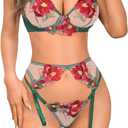 Kaei&Shi Floral Embroidered, Underwire, G-String, Garter Belt, 4 Pieces Lingerie, Size XS