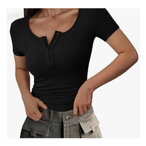 PRETTYGARDEN Women's 2025 Fall Summer Short Sleeve Tops Ribbed Henley Button Slim Fit Basic Casual T Shirts Blouse Clothing M
