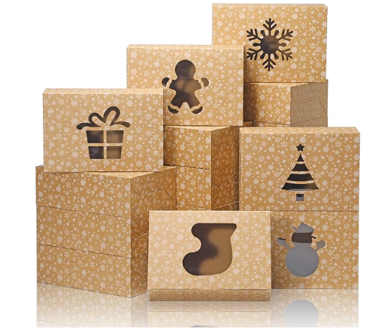 COTOPHER 12Pcs Christmas Cookie Boxes with Window, 8x6x2.5 inch Brown Bakery Boxes for Gift Giving, Brown Cake Boxes Holiday Pastries Boxes for Cakes Muffins Donuts Chocolate Strawberries