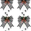 Syhood 4 Pcs Christmas Large Buffalo Plaid Bow with Pine Needles Xmas Tree Burlap Buffalo Check Ribbon Bow Decoration for Home Christmas Party Indoor Crafts 9.8 x 11.8 Inch (Black and White Plaid)