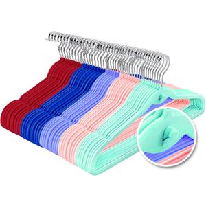Multi-Color Premium Velvet Hangers with Mini Hooks, Pack of 50, Non Slip, Space Saving Cascading Clothes Hangers, 5 Colors, Pink, Lavender, Navy Blue, Red Burgundy and Mint Green