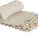 Recycled Cotton Plain Waffle Textured Chair Sofa Set Throw Over Blanket in Ivory Cream 75x26in