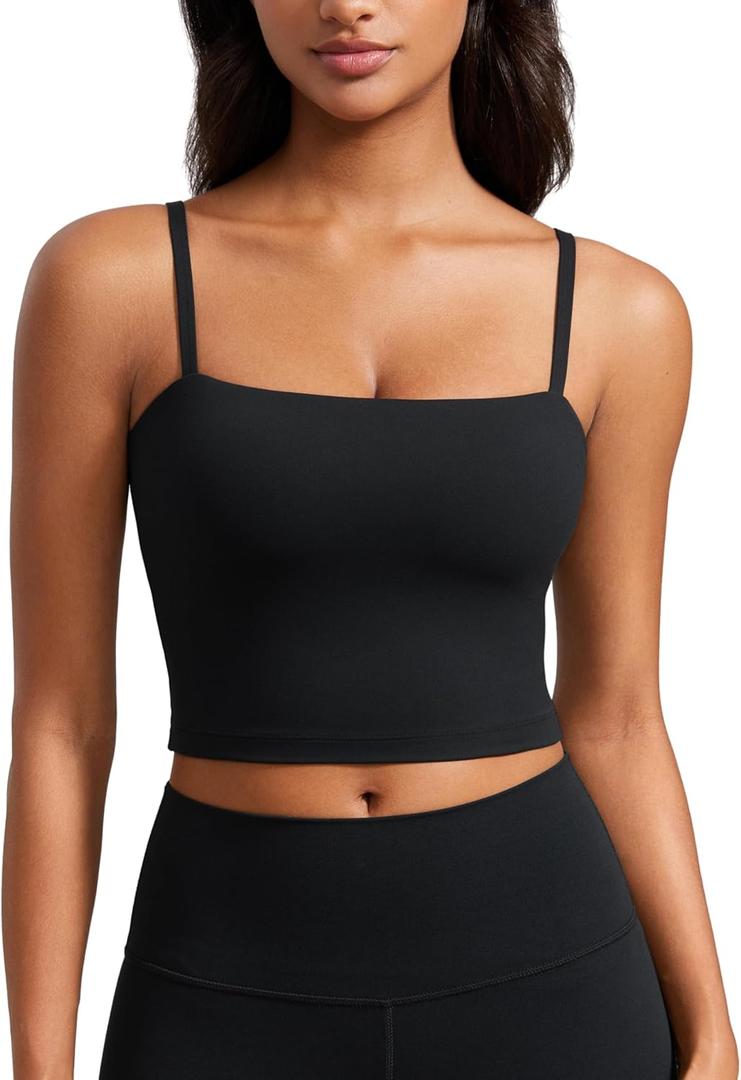CRZ YOGA Butterluxe Cami Longline Sports Bras for Women - Square Neck Adjustable Padded Workout Crop Tank Top Camisole (Small, Black)