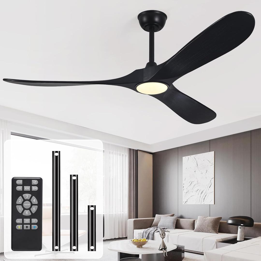 52 In Ceiling Fan with Light and Remote, 6-Speed Dimmable Outdoor Ceiling Fan, High CFM Quiet 3 Blade Wood Ceiling Fan, Modern Propeller Ceiling Fan for Outdoor Indoor Patio Porch (Black)