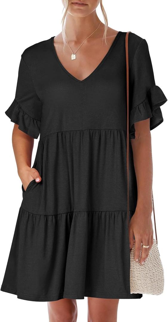 ANRABESS Dresses for Women Summer 2026 V Neck Ruffle Sleeve A Line Tiered Flowy Casual Trendy Mini Beach Dress with Pockets (Black, S)