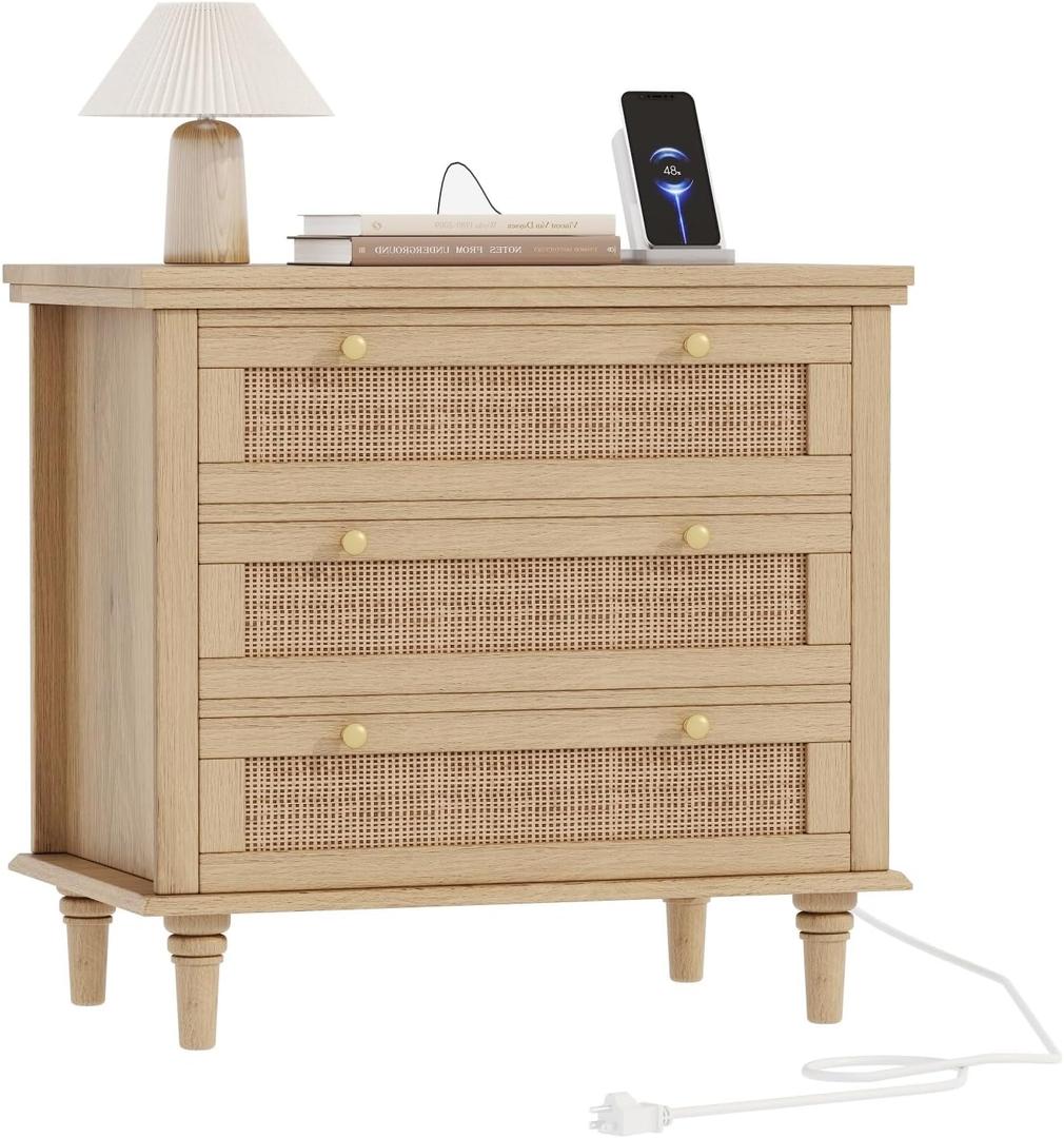 Irontar Rattan Nightstand with Charging Station, 27.6" Wide Bedside Table with 3 Large Drawers, Wooden End Table with Solid Wood Legs for Bedroom, Dorm, Natural BZZ011ME