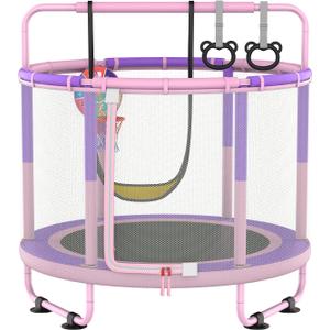 LANGXUN 60" Trampoline for Kids, 5ft Mini Toddler Indoor & Outdoor Trampoline with Net, Basketball Hoop & Dart Board, Birthday Gifts for Boys & Girls, Baby Toddler Christmas Toys (Purple Pink)