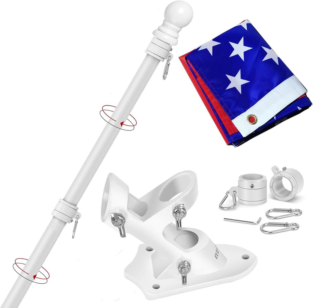 6 FT Wall Mount Flag Pole Kit with 3x5 American Flag, White, for Home Porch, Outdoor Deco. Residential or Commercial, Tangle Free