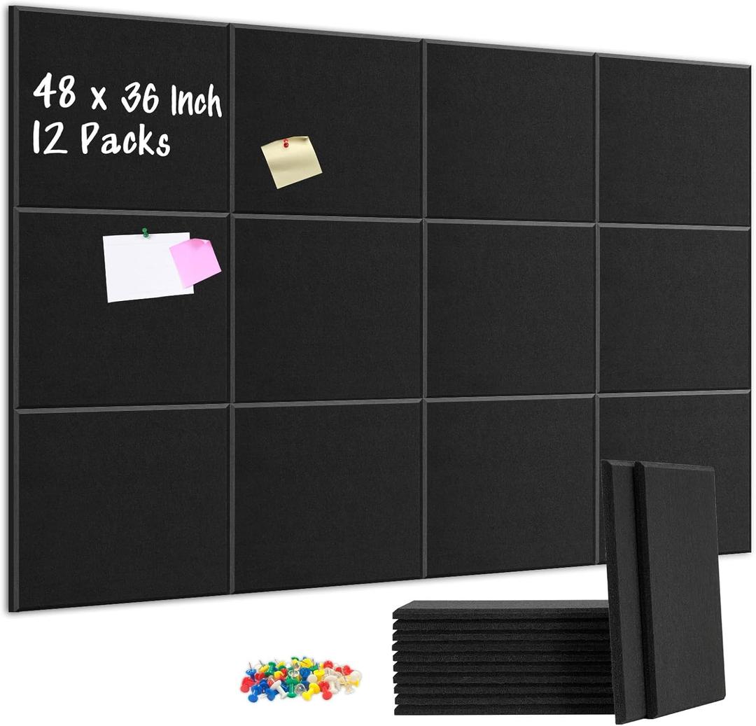 DOLLAR BOSS Large Cork Board for Wall 48" x 36" x 0.5" Bulletin Board 12 Packs Black Cork Board Tiles Self Adhesive Felt Wall Tiles with Pushpins, Corkboard for Office Pin Board Tack Board, Black