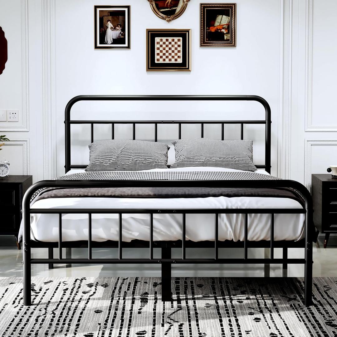 14Inch Metal Bed Frame,Queen Size Bed Frame with Upholstered Headboard,Heavy Duty Sturdy Mattress Foundation,Easy Assembly,No Box Spring Needed,Grey-Queen