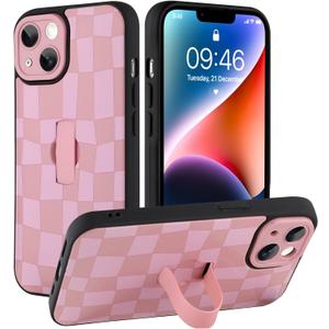 SOKAD for iPhone 14 Case with Finger Strap Kickstand, Cute Checkered Checkerboard Phone Case with Finger Hand for Women Men, Slim Full Camera Protection Shockproof Case Cover, Pink