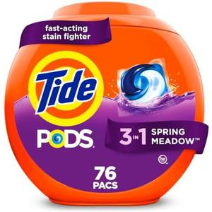 Tide PODS laundry detergent pacs, 3-in-1 Stain Remover, Odor Fighter, Color Protector, 76 Count, HE compatible, Spring Meadow Scent