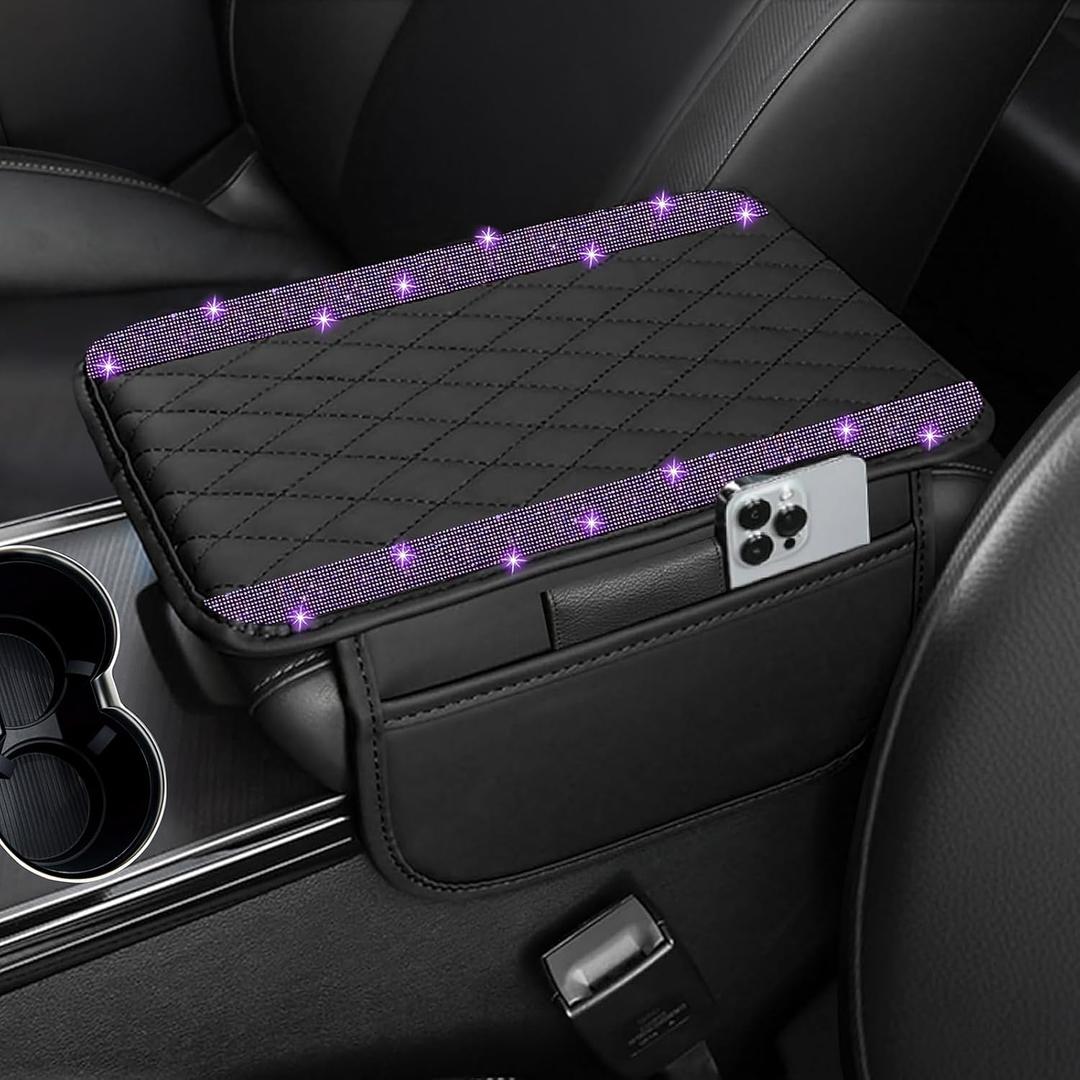 NBTEPEM Bling Car Center Console Cover, Leather Car Arm Rest Cover Cushion with 2 Storage Bags, Universal Auto Armrest Protector Storage Box, Bling Accessories Interior for Most Vehicles (Purple)