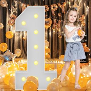 4FT White Large Light Up Marquee Numbers 1 Mosaic Numbers, Giant Marquee Light up Numbers for Party Birthday Anniversary Decor Balloons Pre-Cut Foam Board Kit