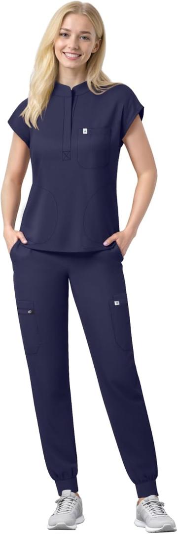 Scrubs Set for Women Medical Uniform Nurse Suit, Anti-Wrinkle Scrub Top Jogger Pant&11 Pockets,4 Way Stretch Workwear (Small, Navy Blue)
