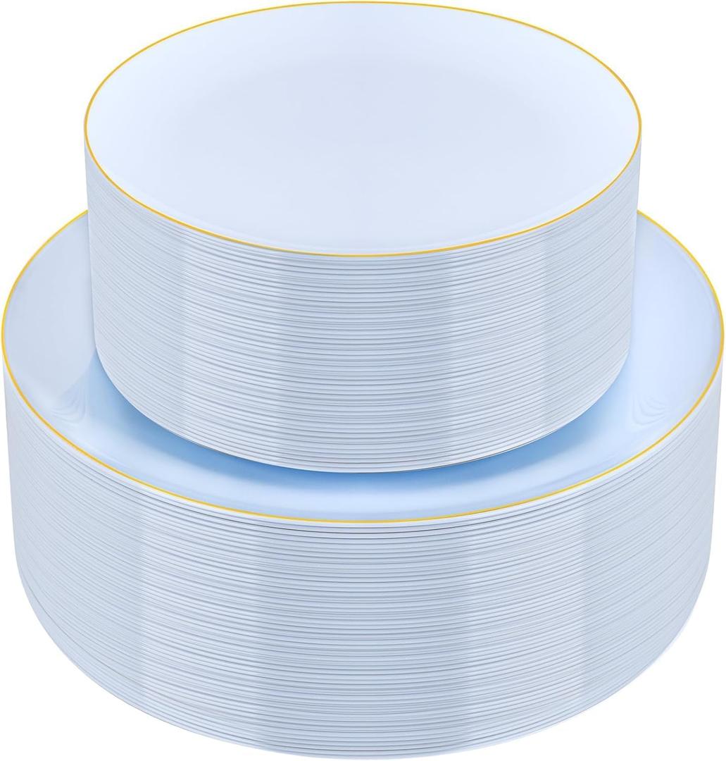 PULOTE 100PCS Blue Plastic Plates - Disposable Light Blue Include 50 Dinner & 50 Dessert/Salad Plates for Party, Wedding & Birthday