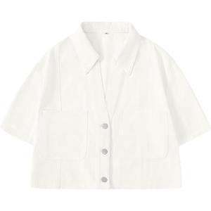 Locachy Women's Cropped Denim Shirt Short Sleeve Lapel Button Down Trucker Jean Jackets Coats Fashion Outfits Clothes White L (White, L)