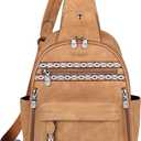 FADEON Large Sling Bag for Women, Leather Crossbody Purse Designer Anti Theft Sling Backpack, RFID Fanny Packs for Travel (Camel Brown Nubuck Style)