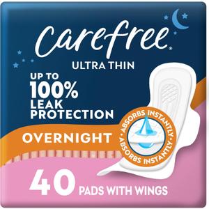Carefree Ultra Thin Overnight Pads With Wings, 40ct