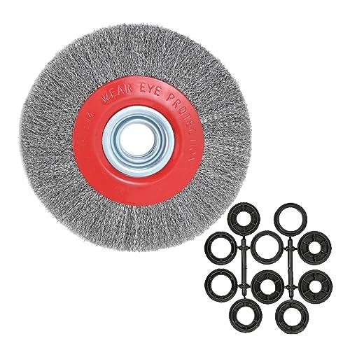 OSFTBVT 8in Bench Wire Wheel Brush for Bench Grinder Coarse Crimped Steel Wire 0.012" with 1/2" 5/8" 3/4" 7/8" 1"(5sets) Spacer Arbors - 1pack