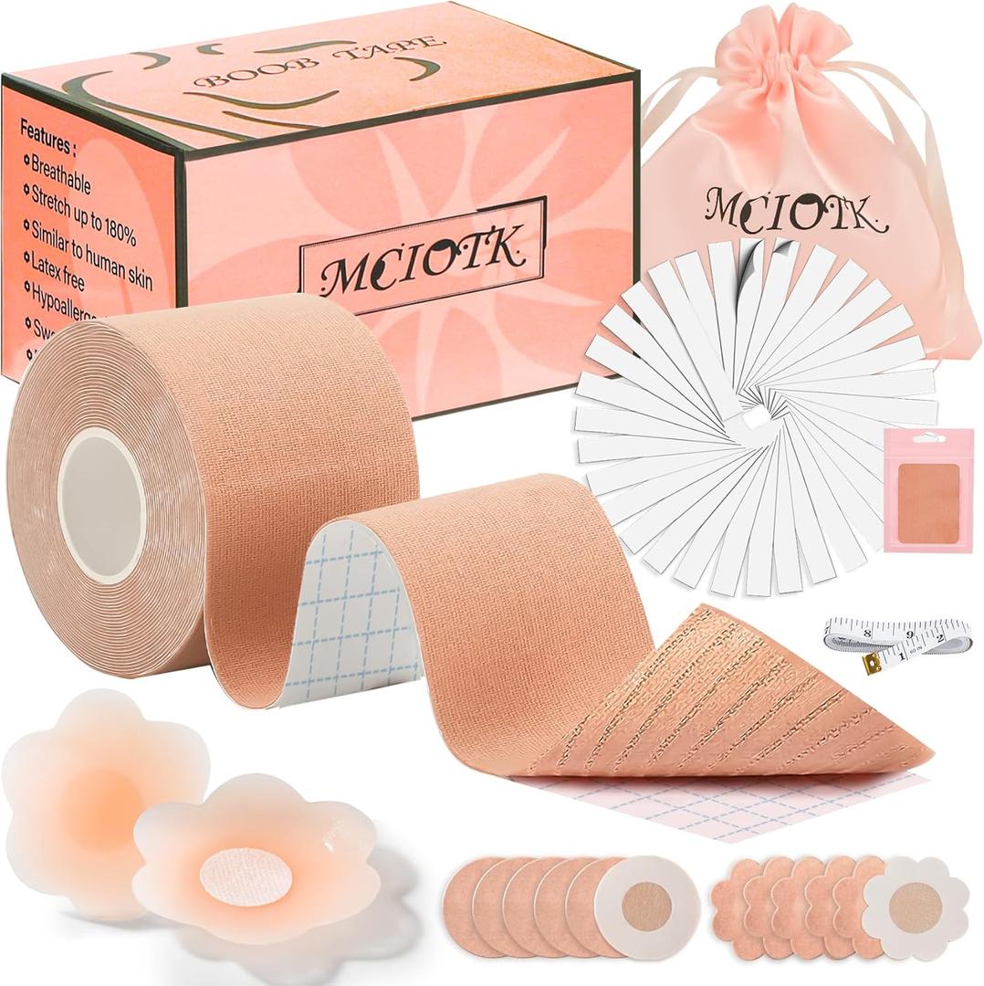 Boob Tape Kit for Large Breast Lift,2 Pcs Nipple Covers & Breathable Body Tape,Invisible Adhesive Bra Tape A-G,Beige (1-roll)