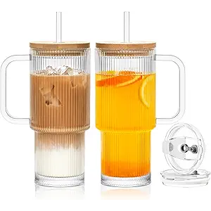 SoulTimes 24oz Ribbed Glass Tumbler with Handle and Bamboo Lid, Set of 2 Glass Cups with Lids and Straws for Coffee, Tea, Juice and Smoothies, Reusable Iced Coffee Cups Includes 2 Sealed Plastic Lids