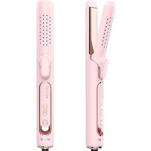 Terviiix Soft Air Styler Hair Straightener & Curler, Titanium Flat Iron for Travel, Straightening Iron with Cooling Air Vents to Lock in Style, 5 Adjustable Temp, Auto Shut Off, Dual Voltage, Pink