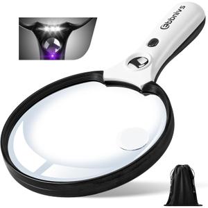 Large Magnifying Glass with Light, Magnifier 10X 20X 45X Handheld Illuminated Lighted Magnifier with 3 LED Lights 1UV Light Storage Bag Clean Cloth for Seniors Reading Inspection (Black/White)