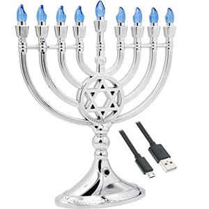 The Dreidel Company Traditional LED Electric Silver Mettalic Hanukkah Menorah -Full Size 13 Inches High 3 AA Battery or USB Powered - Includes a Micro USB 4' Charging Cable