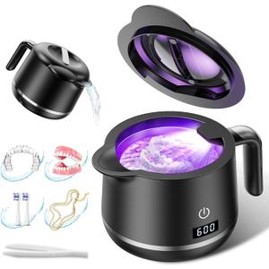 Ultrasonic Retainer Cleaner Machine - 45kHz Ultrasonic Cleaner - 200ML Mouth Guard & Denture Cleaner Pod & Jewelry - 5 Modes with Digital Timer - Upgrade Water Bottle Design