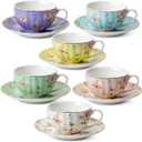 BTaT- Floral Tea Cups and Saucers Set of 6 (7 oz), Porcelain Tea Cups Set of 6, Pastel Bloom Design with Gold Trim, Dishwasher & Freezer Safe
