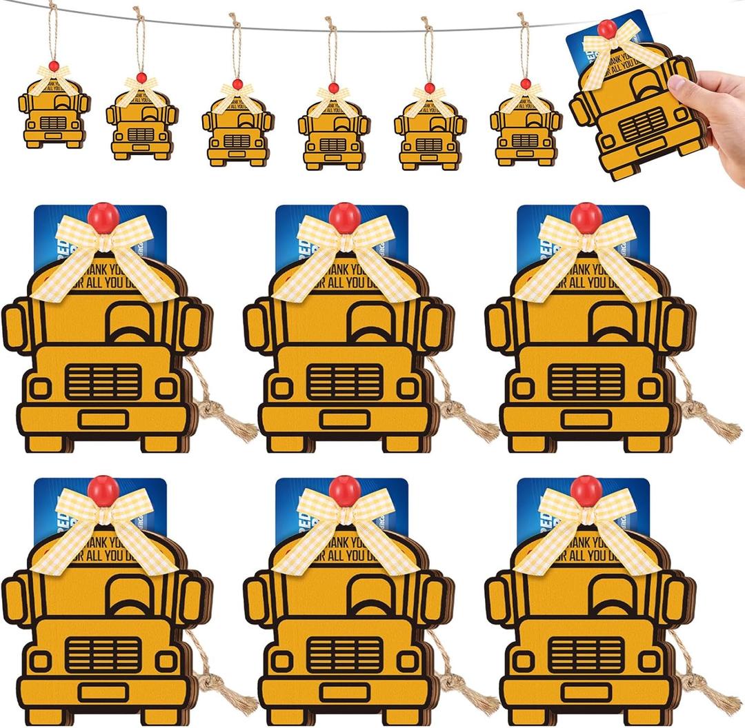 3 x Kigley 6 Pcs School Bus Driver Appreciation Gifts Wooden Bus Driver Card Holder Gift Card Sleeves Thank You Gift Ornament for Back to School End of Year New Retirement Birthday
