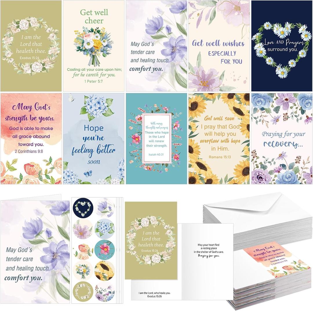 50 Pack Religious Get Well Cards with Scripture Assorted Bible Verse 4 x 6 Inch Affirmation Inspirational Christian Watercolor Floral Photography Wishing You Well Greeting Cards with Envelopes