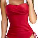 RXRXCOCO Womens Ruched Twist One Piece Swimsuit Tummy Control Bathing Suit Push Up Drawstring Color Block Swimwear Red and White, Small
